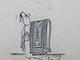 drawing of a man standing in front of a bed with a blanket on top of it