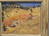 an oil painting of a field with trees in the background