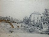 un vieux dessin représentant une rivière avec un bâtiment en arrière-plan