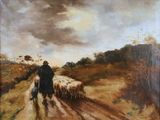 un tableau représentant un homme marchant avec un troupeau de moutons sur un chemin de terre