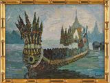 une peinture à l'huile représentant un bateau sur l'eau, avec un château en arrière-plan