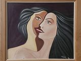 tableau représentant une femme aux longs cheveux noirs et aux lèvres rouges