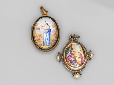 Deux miniatures représentant une femme et un homme sont présentées dans un cadre doré.