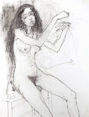 drawing of a woman sitting on a chair holding a piece of paper