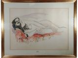 framed watercolor painting of a nude woman laying on her stomach