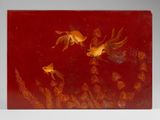 painting of goldfishs in a pond of water on a red background