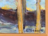a painting of a boat in the water with trees in the background