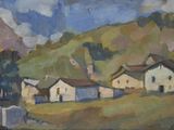 an oil painting of a small village on a hill in the country