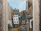 an oil painting of a street scene with a car parked on the side of the road