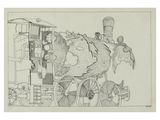 an image of a drawing of a train with people on it