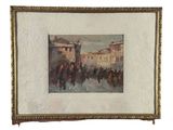 une peinture à l'huile représentant une foule de personnes marchant dans une rue