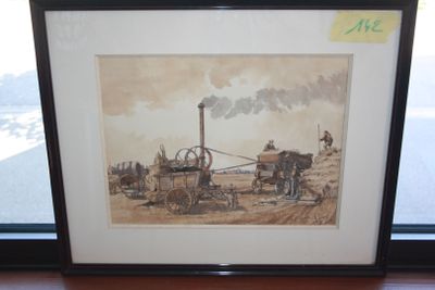painting of a steam engine pulling a plow across a field