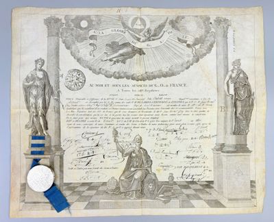 an old document with a blue ribbon and a medal