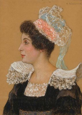 portrait d'une femme en robe noire, coiffée d'un chapeau rose et blanc