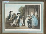 painting of a group of people and a dog in a park