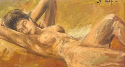 une peinture à l'huile représentant une femme nue allongée sur un lit