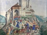 une image représentant un tableau d'un château situé sur une colline, avec des personnages à cheval