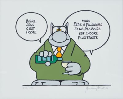 dessin humoristique représentant un chat en costume tenant une bouteille et un verre de vin