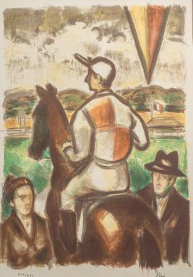 tableau représentant un jockey à cheval, avec d'autres personnes en arrière-plan
