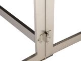 a close up of a metal table with a glass top on a white background