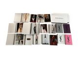 a group of photographs of women ' s clothes and accessories on a white surface