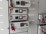 a control panel in a building with many switches and switches