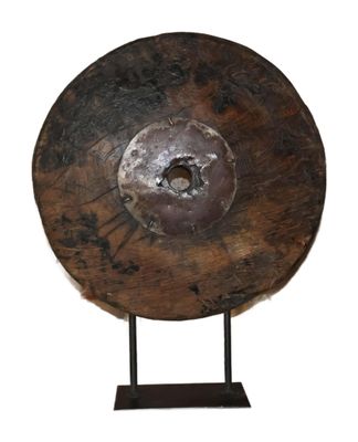 an image of a large wooden gong on a stand on a white background