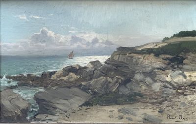 a painting of a sailboat on the water near the rocks