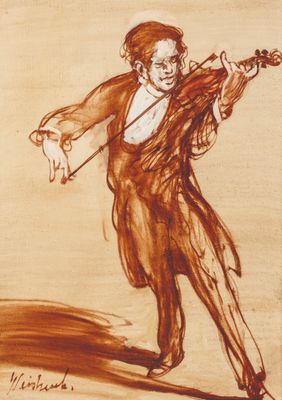 dessin représentant un homme jouant du violon sur un fond marron
