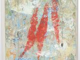 an abstract painting of a red fish in a white frame