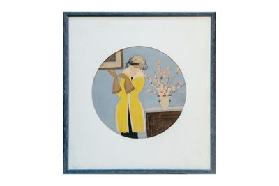 tableau représentant une femme en robe jaune debout devant un vase de fleurs