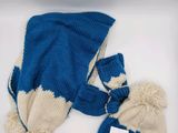 blue and white knitted hat and mittens on a white background