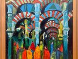 une peinture à l'huile représentant un groupe de personnes devant un bâtiment