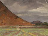 une peinture à l'huile représentant un champ avec une montagne en arrière-plan