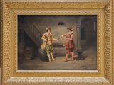 an image of a painting of two men shaking hands in front of a staircase
