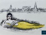 a drawing of a woman reading a book in the grass