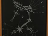 a black and white drawing of a bird on a tree branch