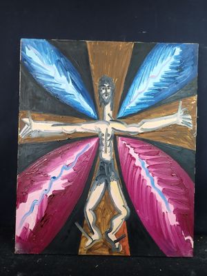 un tableau représentant un homme ailé sur fond noir