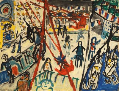 an image of a painting of a city with people walking around