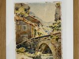 an image of a painting of a stone bridge in a wood frame
