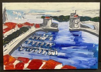 a painting of boats in a harbor with a lighthouse in the background