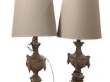 pair of antique table lamps with bronze finish and linen shades