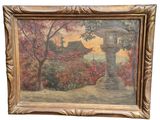 une peinture à l'huile représentant une scène de jardin avec une pagode en arrière-plan