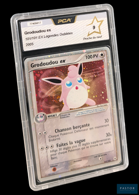 gros plan d'une carte pokemon dans un étui en plastique