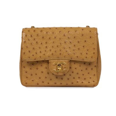 a brown ostrich leather bag with a gold buckle
