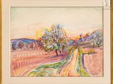 an image of a painting of a dirt road with trees in the distance