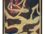 painting of a red vase on a brown background with yellow lines