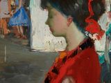 tableau représentant une femme en robe rouge debout devant un tableau