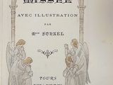 an old book with an image of a priest and two angels