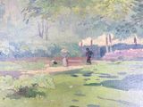a painting of people walking in a park with umbrellas
